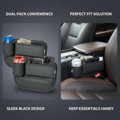 2-Pack Car Seat Gap Filler Organizer with Cup Holder - Premium Leather - Universal Fit - Keeps Cans/Phone/Keys/Wallets Organized