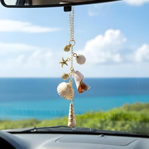 Sea Shells Car Decor Rear View Mirror Charm, Cute Coastal Hanging Charm Boho Beach Themed Hanging Car Ornament for Interior Decor Themed Accessories for Women Pendants Gift