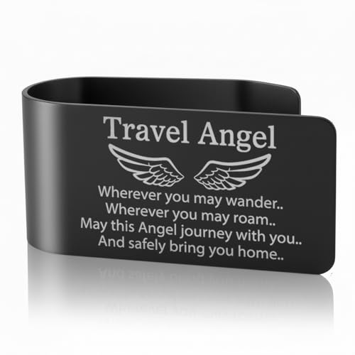 Travel Angel Wherever You May Wander Black Visor Clip for Cars, Travel Angel Gifts for New Driver, Traveler's Prayer Car Visor Clip for Men Women, Ideal for Safe Journey and Protection - color: Black