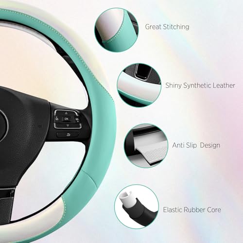 Road Comforts Steering Wheel Cover – Breathable Leather Steering Wheel Cover, Anti-Slip Grip, Universal Fit 14.5” to 15”, Heat & Cold Resistant for Cars, SUVs, and Trucks –Shining White & Mint - color: White&Mint