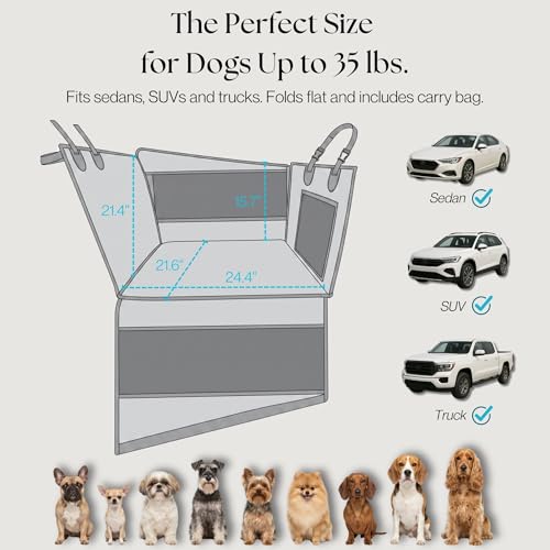 Dog Car Seat for Small & Medium Dogs up to 35 lbs, Hard Bottom Pet Travel Seat with Safety Tether, Waterproof Oxford Fabric, Fits Cars, SUVs & Trucks (Brown)