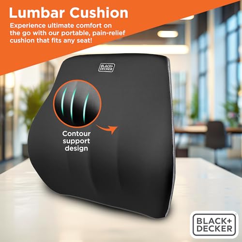 BLACK+DECKER Memory Foam Lumbar Support Pillow, Lumbar Cushion for Office, Car, Wheelchair & Airplane – Adjustable Strap, Full Back Pain Relief, Washable Cover, Black/Grey - color: Black/Grey