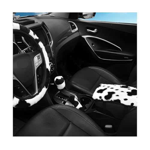 4 PCS Cow Print Car Accessories Set, Fluffy Cow Print Plush Steering Wheel Cover, Gear Shift Cover, Warm Fuzzy Console Armrest Pad & Handbrake Cover, Car Decoration Accessories