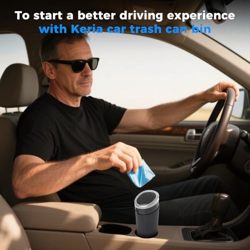 Keria Car Trash Can Bin with Lid - Mini Car Garbage Can Cup Holder-Small Leakproof Vehicle Trash Garbage Can Bin-Automotive Car Organizers and Storage for Back Seat SUV Vechile Accessories (Sliver)