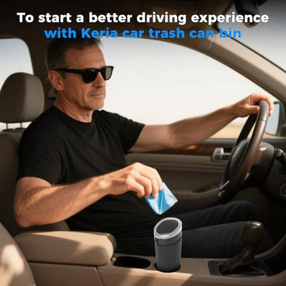 Keria Car Trash Can Bin with Lid - Mini Car Garbage Can Cup Holder-Small Leakproof Vehicle Trash Garbage Can Bin-Automotive Car Organizers and Storage for Back Seat SUV Vechile Accessories (Sliver)
