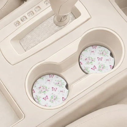 Ceramic Car Coasters, 2 Pack, 2.64" Absorbent Car Cup Holder Coasters, Cute Ceramic Car Coasters for Women, Butterfly Rose & Bow Pattern - color: Butterfly Rose Bow