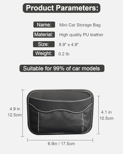 Reusable Adhesive Small Car Seat Side Pocket Organizer, No Residue Removable PU Leather Car Storage bag, Universal Vehicle Door & Console Pouch for Phone Keys Wallet etc, Black