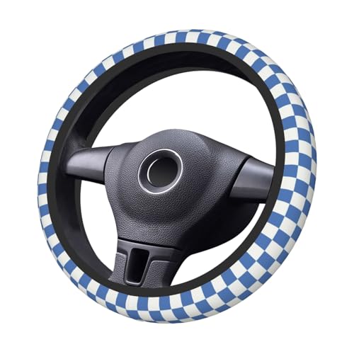 Blue Checkered Steering Wheel Cover for Women, Universal Auto Steering Wheel 14-15 Inch Car Interior Accessories with 2PCS Car Coasters, Suitable for Men and Women - color: blue