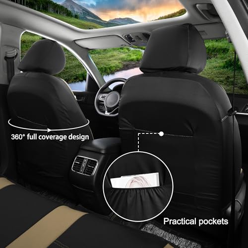 GIANT PANDA Neoprene Full Set Car Seat Covers, Leak-Proof & Waterproof Front&Rear/Back Car Seat Protector Fit 95% Cars Sedans SUV（Beige+Black） - color: Beige&Black, size: Full Set
