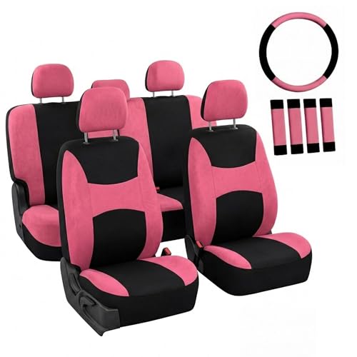 FH Group Full Set Cloth Car Seat Covers, Universal Fit combo, Low Back Front Seat Covers, Airbag Compatible, Split Bench Rear Seat, Washable Seat Cover for SUV, Sedan, Van, Pink - color: Pink