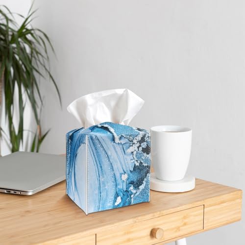 Tissue Box Cover Holder - Blue Marble PU Leather Tissue Box Cover with Bottom Belt, Modern Square Facial Paper Organizer for Tabletop, Bathroom, Kitchen, Car & Office -033 - color: Blue Marble 1