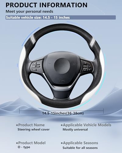Steering Wheel Cover for Women Leather Universal Steering Wheel Cover for Car 15 inch (White) - color: White