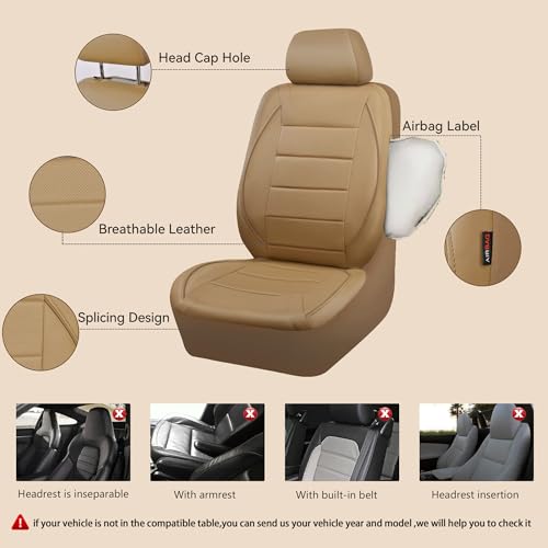 CAR PASS Piping Leather Seat Cover,Universal FIT with Composite Sponge Inside,Airbag Compatible and Reserved Opening Holes,Inside zipper for Cars,Sedan,SUV,Truck(Full Set,Beige with Tan Piping-Stripe) - color: Beige with Tan Piping-Stripe