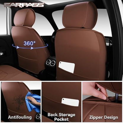CAR PASS Luxury Nappa Leather Seat Covers Full Set, 3D Rhombus Waterproof Faux Leather Seat Covers, Universal Automotive Seat Cushion Fit for Most Sedan SUV Truck Van, Armrest Airbag Compatible Brown - color: brown