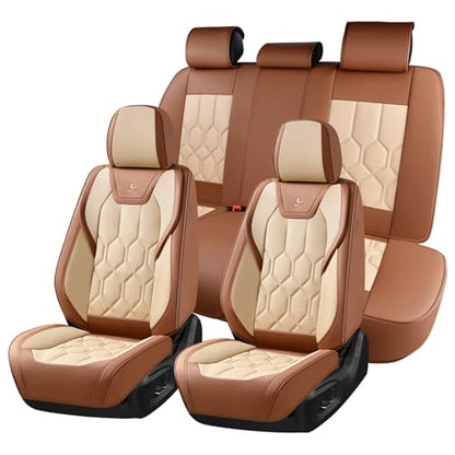 Huidasource Seat Covers Full Set, Universal Fit for Most Cars SUVs Trucks, Full Coverage Leather Seat Cover, Airbag, Cupholder Compatible, Seat Function Retain, Easy Install with Velcro, Brown&Beige - color: FS: Brown&Beige, size: Full Set