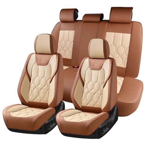 Huidasource Seat Covers Full Set, Universal Fit for Most Cars SUVs Trucks, Full Coverage Leather Seat Cover, Airbag, Cupholder Compatible, Seat Function Retain, Easy Install with Velcro, Brown&Beige - color: FS: Brown&Beige, size: Full Set