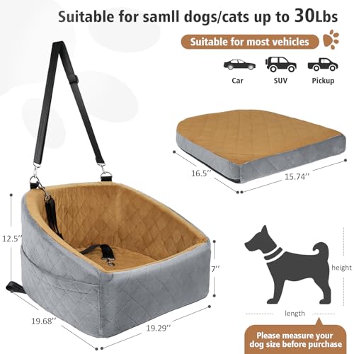 Dog Car Seat for Small Medium Dogs,Detachable Washable Dog Booster Seat Under 30lbs, Pet Car Seat Travel Bed with Storage Pockets and Dog Safety Belt(Grey/Brown)