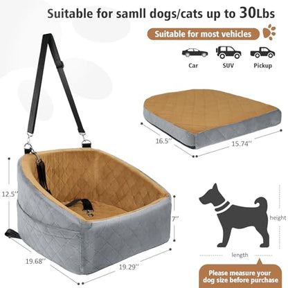 Dog Car Seat for Small Medium Dogs,Detachable Washable Dog Booster Seat Under 30lbs, Pet Car Seat Travel Bed with Storage Pockets and Dog Safety Belt(Grey/Brown)