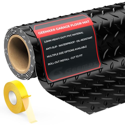 4x6 FT Diamond Plate Garage Floor Mat, Heavy Duty PVC Flooring Roll, 2.8mm Mat for Under Car, Motorcycle, Golf Cart, Trailer, Waterproof Non-Slip Floor Protector for Garage, Basement, Black - color: Black, size: 72"L x 48"W x 0.1"Th