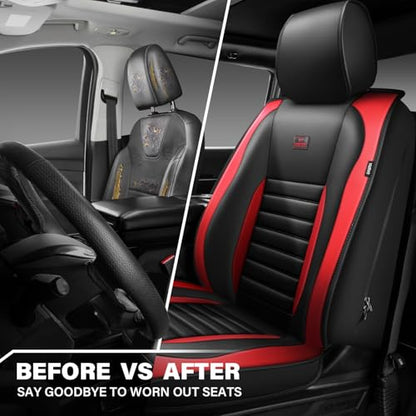 CAR PASS Nappa Leather Car Seat Covers Front Seats, Luxury Seat Protector for Cars, Waterproof Anti-Slip Seat Cushion Armrest Compatible Airbag Universal for Sedan SUV Pick-up Truck Auto, Black Red