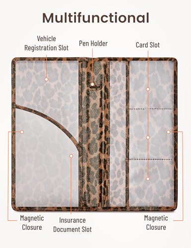 Yarnic Leopard Car Registration and Insurance Holder, Car Document Holder with Magnetic Closure, Car Organizer Vehicle Glove Box Compartment Organizer, Car wallet Case for Teens Men Women - color: darkleopard