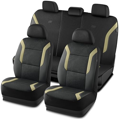 Skechers Memory Foam Car Seat Covers, Air Cool Mesh Thick Seat Covers, Car Seat Full Sets Airbag Compatible, Automotive Comfort Protection for Most Cars,Vans,Trucks, SUVs,Beige - color: Black/Beige, size: Full Set