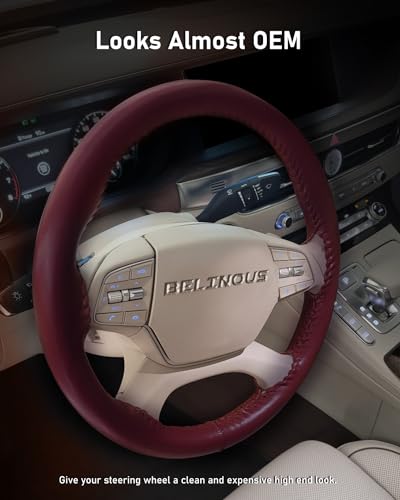 Belinous Leather Steering Wheel Cover Lace Up, Stitch on Steering Wheel Wrap, Universal Fit 13-20 Inch Car Truck Pickup Boat, A Whole Piece of Cowhide, DIY w/Needle Thread (Size L0, Wine Red) - color: Wine Red, size: L0