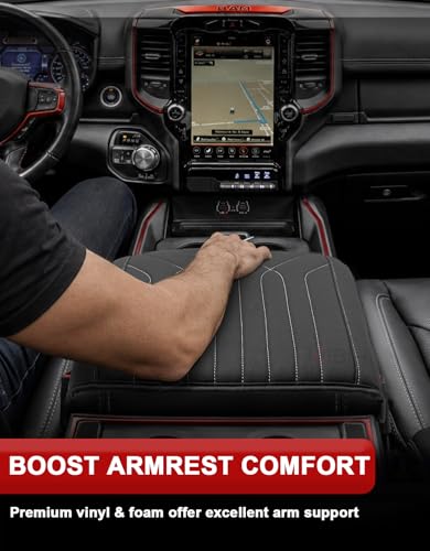 KBH Center Console Armrest Cover for 2019-2026 Dodge Ram 1500 2500 3500 5th Gen, Floor Console Bucket Seat, Arm Rest Cushion Pad Protector, Vinyl Leather, Black-Gray Stitches - color: Black-Gray Stitch