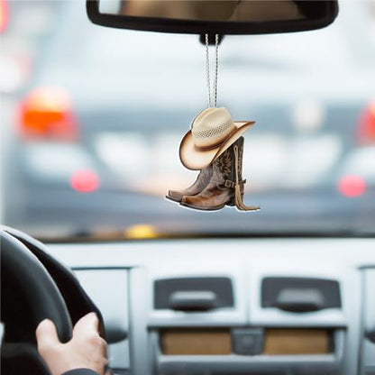 Cute Cowboy Boots Car Hanging Ornament, 2D Flat Acrylic Car Rearview Mirror Charm, Auto Interior Pendant Accessories for Window, Backpack, Keychain, Christmas Tree, Gift, 3.15 x 3.15 inch