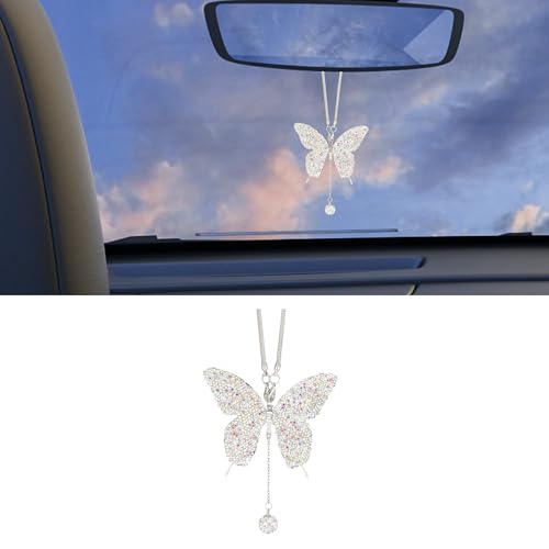 Bling Butterfly Diamond Car Accessories, Crystal Car Rear View Mirror Charms for Women, Auto Decoration Lucky Hanging Interior Crystal Ornament Pendant Decor for All Cars (AB) - color: Ab