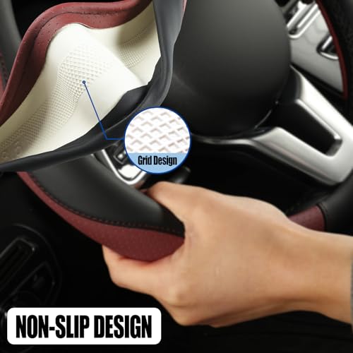 Microfiber Leather D Shaped Steering Wheel Cover, Breathable, Anti Slip, Universal 15 inch, Black with Burgundy - color: Black Burgundy, size: D Shape-Middle[14.5''-15'']
