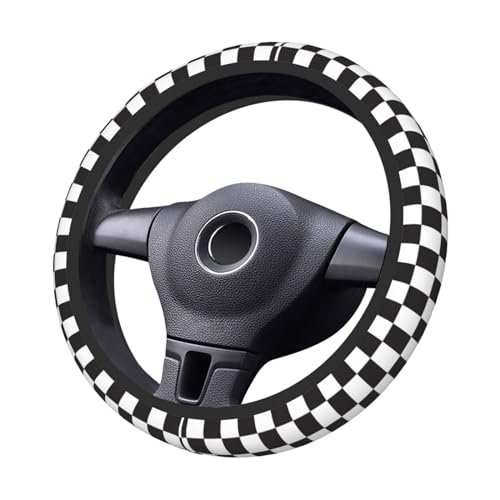 Black and White Checkered Steering Wheel Cover Rubber Anti-Slip 14.5-15 Inch Universal Steering Wheel Cover with 2 Pieces Car Coasters Suitable for Men Women - color: black and white checkered
