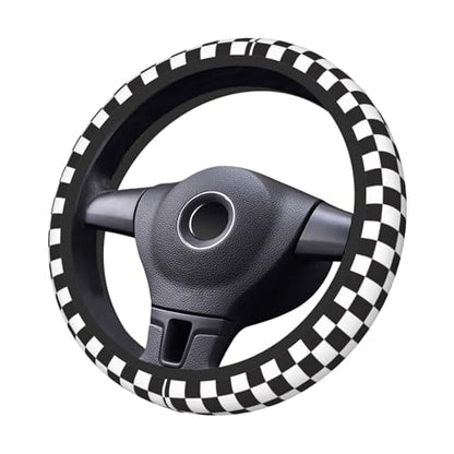 Black and White Checkered Steering Wheel Cover Rubber Anti-Slip 14.5-15 Inch Universal Steering Wheel Cover with 2 Pieces Car Coasters Suitable for Men Women - color: black and white checkered