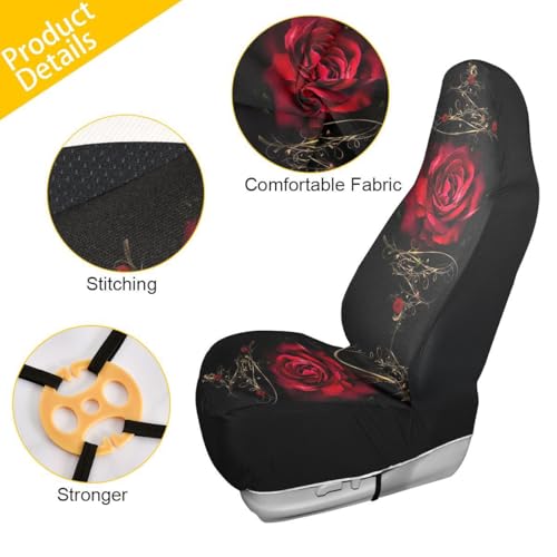 Red Rose Car Seat Covers Set of 2,Vintage Floral Art Flower Print Universal Auto Front Seat Protector Vehicle Seat Cushion Cover for Women Decorative Car Accessories Fit for Car SUV Truck - color: Red