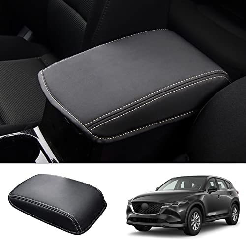 2021-2025 CX-5 Center Console Cover for Mazda CX-5 (2.5 S/2.5 Turbo), Waterproof&Cushion Leather Armrest Cover for 2022 2023 2024 2025 Mazda CX5 Accessories (Black-Padded) - color: (for CX-5) Black-White Line