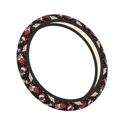 Christmas Xmas Style Santa Cute Funny Pug Cute Dog Black and White Car Steering Wheel Cover,Non-Slip Elastic Neoprene-Sweat Car Accessories,Universal 15 Inch Fit Auto, Vans Trucks,Suvs, Truck - color: Funny Pug