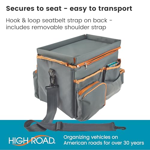 High Road CarHop Front Seat Car Organizer with Car Cup Holder, Passenger Seat Tray and Padded Filing or Cooler Compartment with Side Pocket Storage, Gray - color: Gray