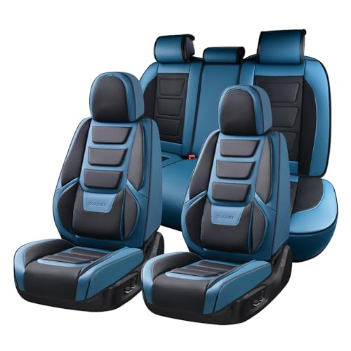 Coverado Car Seat Covers Full Set, Seat Covers for Cars, Front Seat Covers and Back Seat Cover Waterproof Leather Automotive Seat Cover, Universal Car Interior Protectors Cushion for Most Cars Blue - color: Black_blue, size: FullSet