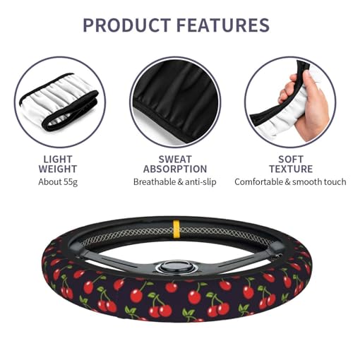 Cute Cherry Steering Wheel Cover for Women Men with 2 Pcs Car Coasters, 15 Inches Neoprene Anti-Slip Cute Universal Red Car Accessories Protective Cover for Vehicle - color: Cute Cherry