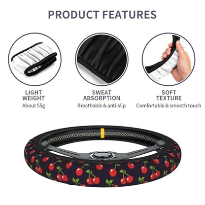 Cute Cherry Steering Wheel Cover for Women Men with 2 Pcs Car Coasters, 15 Inches Neoprene Anti-Slip Cute Universal Red Car Accessories Protective Cover for Vehicle - color: Cute Cherry