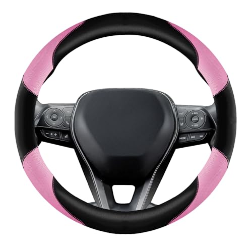 Soft Leather Steering Wheel Cover with Breathable Design and Anti-Slip Grip, Fully Compatible with Tesla, Toyota, Honda, Nissan 14.5-15.2 inch Round Steering Wheel（Sedans and SUVs） - color: DOUBLE-PINK