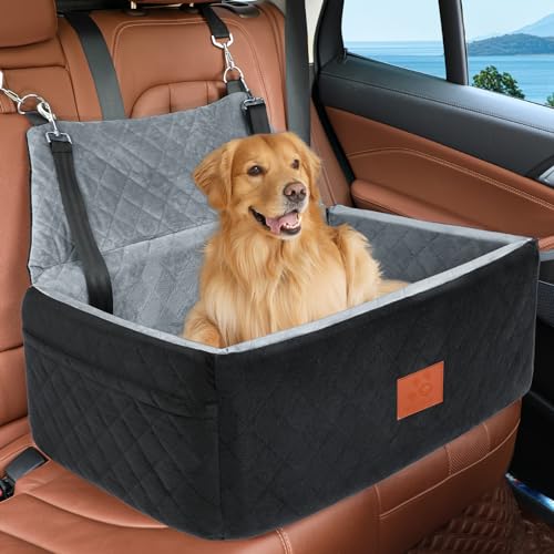 Dog Car Seat for Large Medium Dogs,Washable Pet CarSeat Under 55 lbs or 2 Small Dogs,Dog Booster Seat Travel Bed with Thick Cushion,2 Safety Leashes - color: Black/grey
