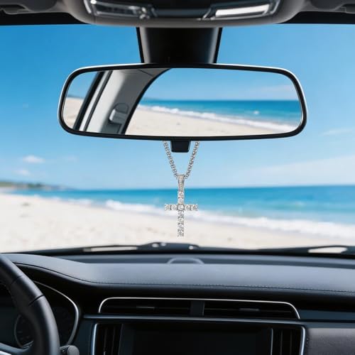 Cavalcade Rhinestone Cross Pendant for Car Rear View Mirror Decor Auto Faith Amulet Sparkly Religious Christian Medal Ornament (Silver) - color: Silver