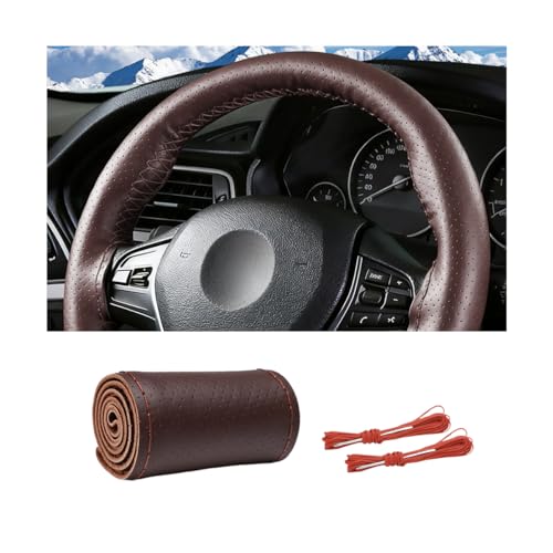 Genuine Leather Car Steering Wheel Cover, DIY Sewing Stitch on Wrap Auto Wheel Cover with Needle Thread, Breathable Anti-Slip Vehicle Steering Stitching Protector, Universal Fit (Coffee) - color: Coffee