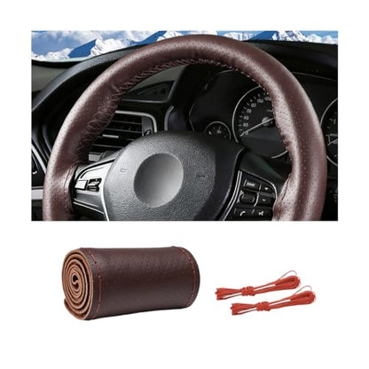 Genuine Leather Car Steering Wheel Cover, DIY Sewing Stitch on Wrap Auto Wheel Cover with Needle Thread, Breathable Anti-Slip Vehicle Steering Stitching Protector, Universal Fit (Coffee) - color: Coffee