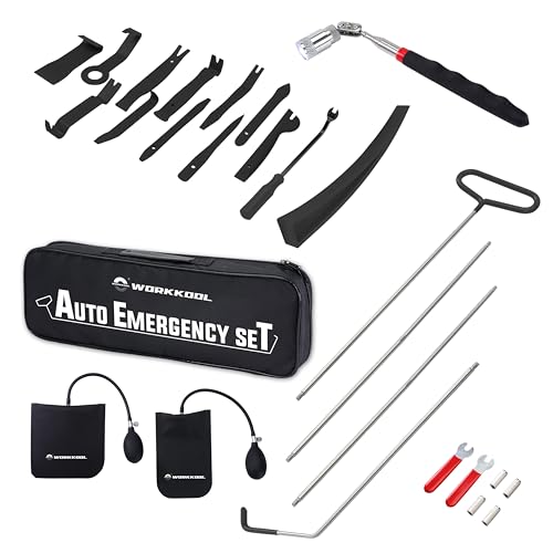 26PCS Car Tool Kit with Stainless Steel Assorted 5th Wheel Pin Puller,68 inches Long Distance Puller Hook, Air Wedge and Magnetic Pickup Tool with Flashlight