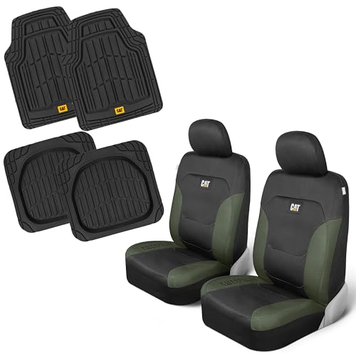 CAT Front Seat Covers for Cars (2-Pack) & 4-Piece Trim to Fit, Heavy Duty Protection, All Weather Floor Mats – Universal Fit, Waterproof Mats, Easy Install, for Trucks, SUVs, Vans, & Car Accessories - color: z-Front Seats & Mats Hunter Green