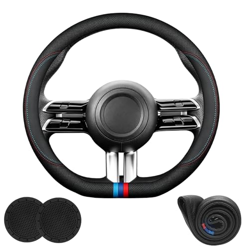D-Shaped Car Steering Wheel Cover Flat Bottom for Mercedes Benz GLE 350 450 GLC 300 C300 E300 E350 GLS CLA 250 EQB EQE AMG GT Class Accessories, Breathable Nappa Leather, 14.5-15 Inches - size: Round