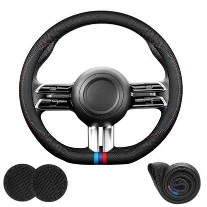 D-Shaped Car Steering Wheel Cover Flat Bottom for Mercedes Benz GLE 350 450 GLC 300 C300 E300 E350 GLS CLA 250 EQB EQE AMG GT Class Accessories, Breathable Nappa Leather, 14.5-15 Inches - size: Round