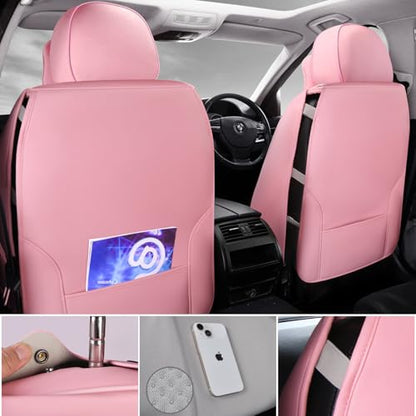 CAR PASS Nappa Leather Seat Covers Full Set Cushioned, Universal Waterproof Durable, All Pink Car Seat Covers Leatherette Support Lumbar Women Fit for SUV Pick-up Truck Sedan Cute 5 Seats Solid Pink - color: Pink Full Sets